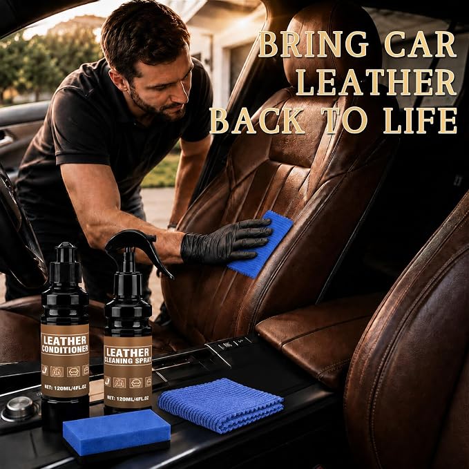Leather Cleaner and Conditioner, Leather Cleaning Kit, Leather Conditioner, Cleans Stains, Restores Softness and Shine, Protects Cracking, for Car Seats, Sofa, Bags, 2 Bottles (4 oz Each)