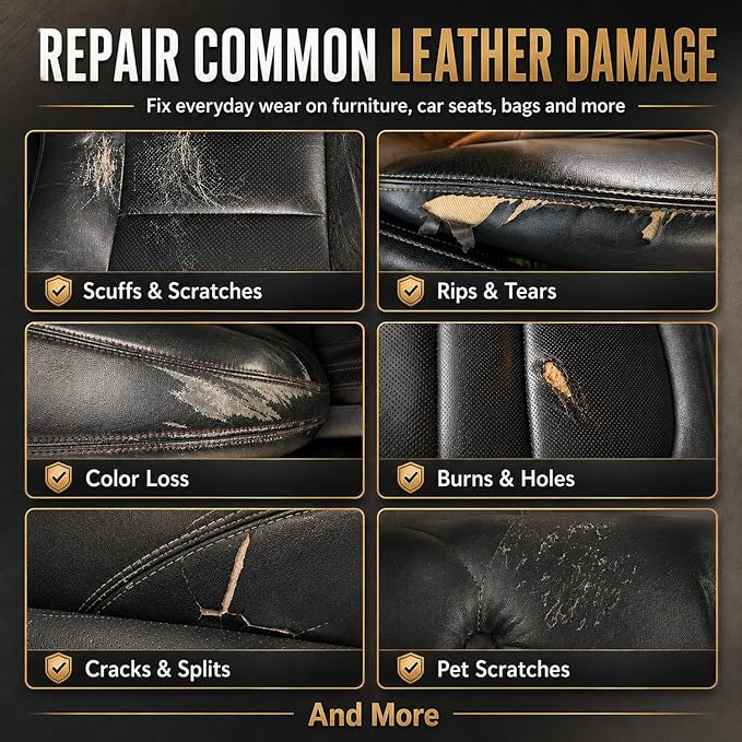 ARCSSAI Black Leather & Vinyl Repair Kit, Sofa, Jacket, Car Seats and Purse. Leather Repair Kit. Super Easy Instructions to Match Any Color, Restore Any Material, Bonded, Italian, Pleather, Genuine