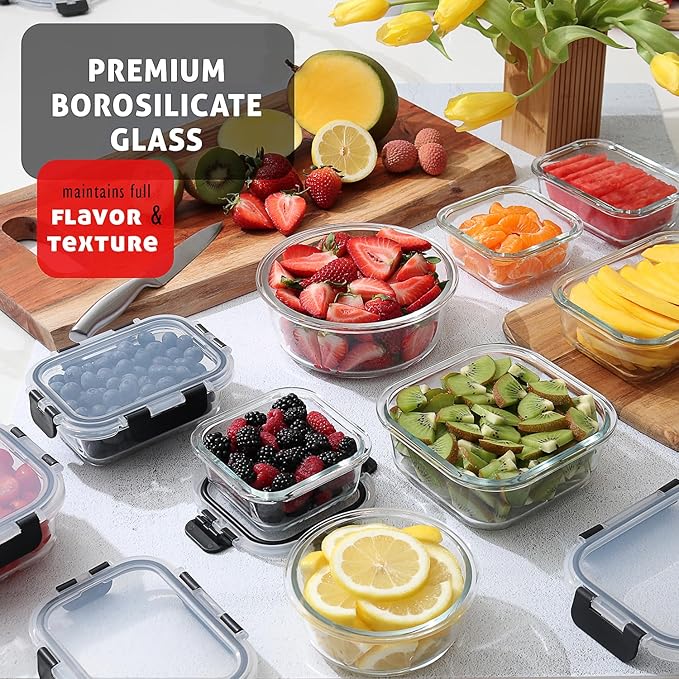 EATEX 48pc Glass Storage Containers with Lids, 24 Glass Food Storage Containers with 24 Airtight Lids for Pantry & Kitchen, Meal Prep Containers for Lunch, Oven Freezer Microwave & Dishwasher Safe