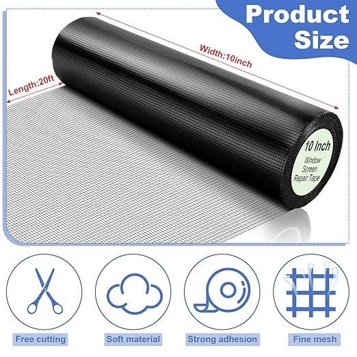 CroBlissful Extra Wide 10 inch x 20 ft Window Screen Tape Mesh Repair Strong Adhesive Waterproof Fiberglass Screen Repair Kit Patch for Window Door Tears Holes(Black)
