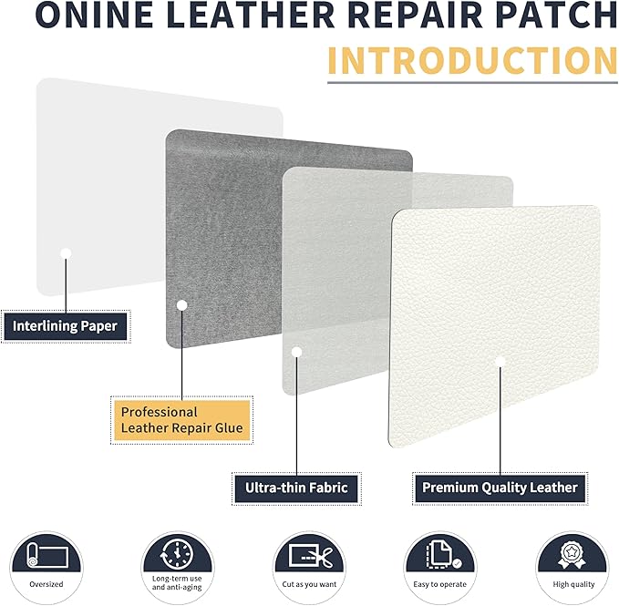 ONine Leather Repair Patch，Leather Repair Tape, 16 x 48 inches Leather Repair Patch for Furniture,Vinyl Repair kit，Leather Couch Patch，for Sofas, Furniture, car Seats(White-Litchi Grain)
