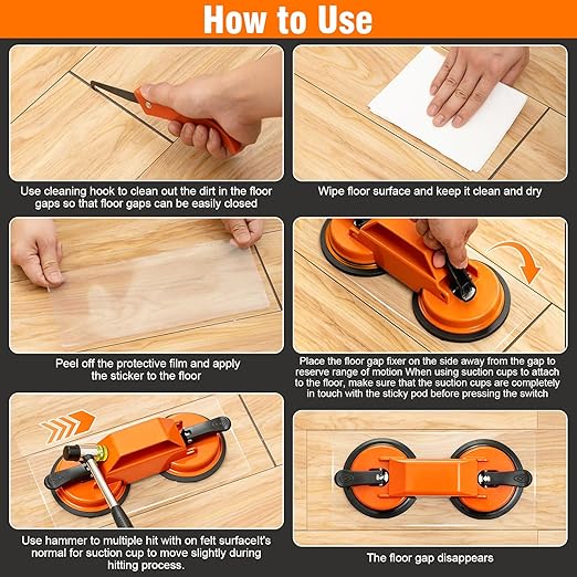Floor Gap Fixer Tool, Dual 45°Striking Surface Floor Gap Repair Tool, Heavy Duty Suction Cup Plank Grabber with Acrylic Sticky Pads & Hammer for Laminate Vinyl Flooring