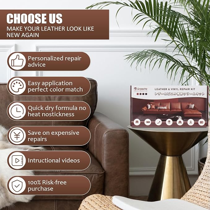 Brown Leather Repair Kit for Furniture, Leather Couch Repair Kit for Car Interior, Car Seats, Sofa, Jacket and Purse, Vinyl Repair Kit with Color Matching Guide, Restores Artificial, Genuine Pleather