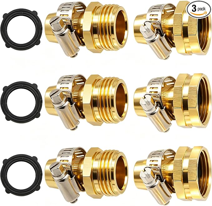 Triumpeek Garden Hose Repair Connector with Clamps | Set of 3 Aluminum Water Hose End Replacement Fit for 3/4" and 5/8" Garden Hose Fittings