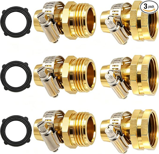 Triumpeek Garden Hose Repair Connector with Clamps | Set of 3 Aluminum Water Hose End Replacement Fit for 3/4" and 5/8" Garden Hose Fittings