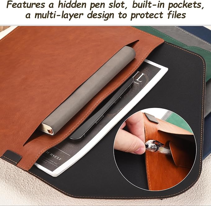 PATIKIL 2Pcs Leather Folder, 14x10 Leather Document Holder File Folder PU Pouch Bag Portfolio File Organizer Button Personal Envelope Waterproof for Traveling Office Men Gift, Blue