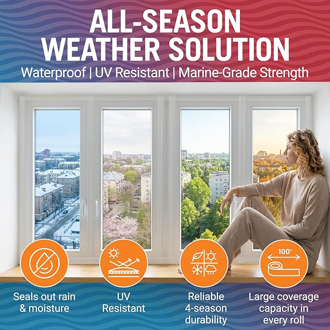 Window Sealing Tape Clear 2 Inch x 100 FT, Weather Seal for Windows, Doors and AC Units, Waterproof UV Resistant, Damage-Free Removal - Better Boat