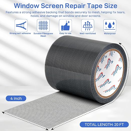 Window Screen Repair Tape 4 in x 20 FT Fiberglass Strong Adhesive Screen Patch, Waterproof Mesh Repair Kit for Window & Door Screen Holes Tears - Black