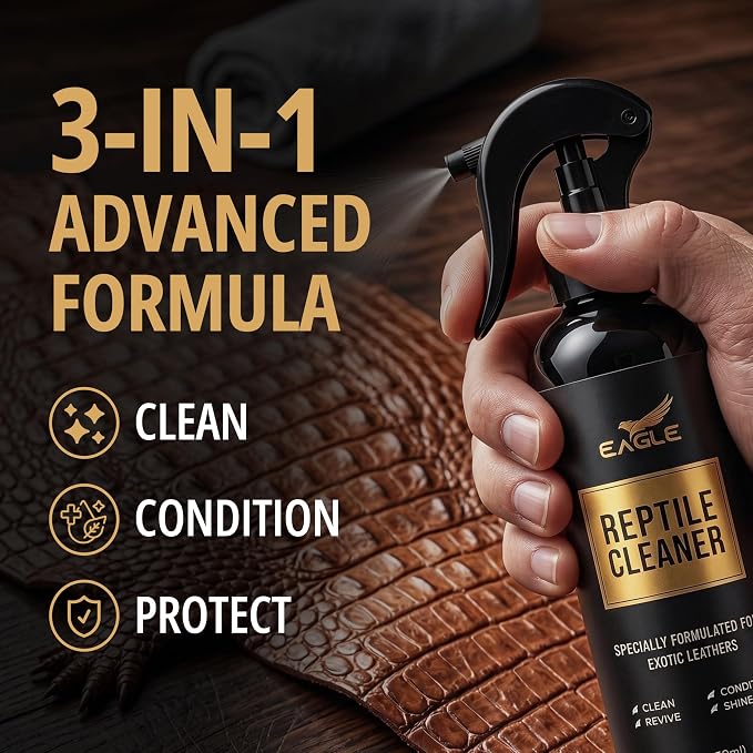 Exotic Leather Cleaner & Conditioner Spray – Cleans, Conditions & Protects Alligator, Crocodile, Snakeskin, Lizard, Ostrich & More – 8oz with Microfiber Cloth – Boots, Shoes, Bags, Belts