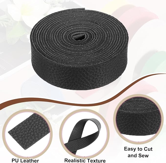 MECCANIXITY Faux Leather Strap, 1" Width x 98" Long Grained Leather Belt Strip Trim Roll for DIY Craft Projects, Pet Collars, Traction Ropes, Bag Straps, Hobby Workshop (Black)