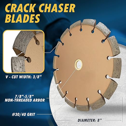8" Crack Chaser Blade for Cured Concrete, Asphalt Repair or Joint Widen, 0.375" Width, 7/8"-5/8" Non-Threaded Arbor