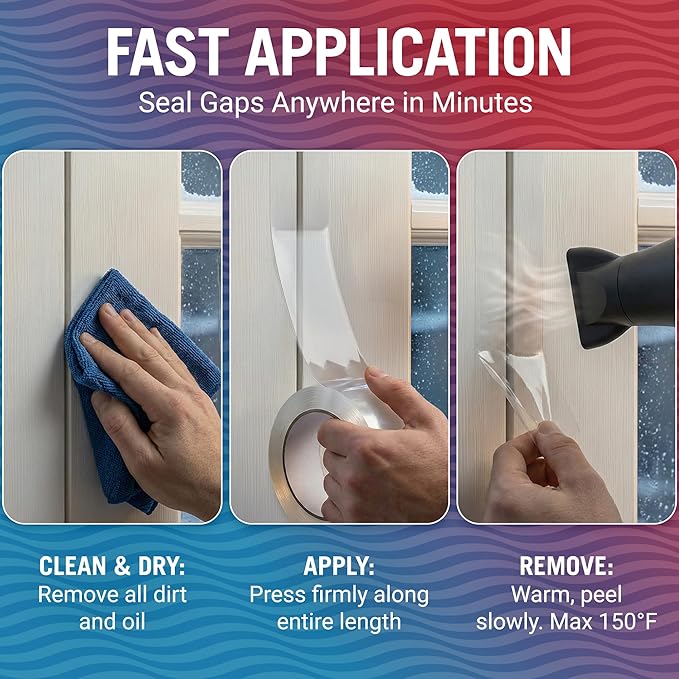 Window Sealing Tape Clear 2 Inch x 100 FT, Weather Seal for Windows, Doors and AC Units, Waterproof UV Resistant, Damage-Free Removal - Better Boat