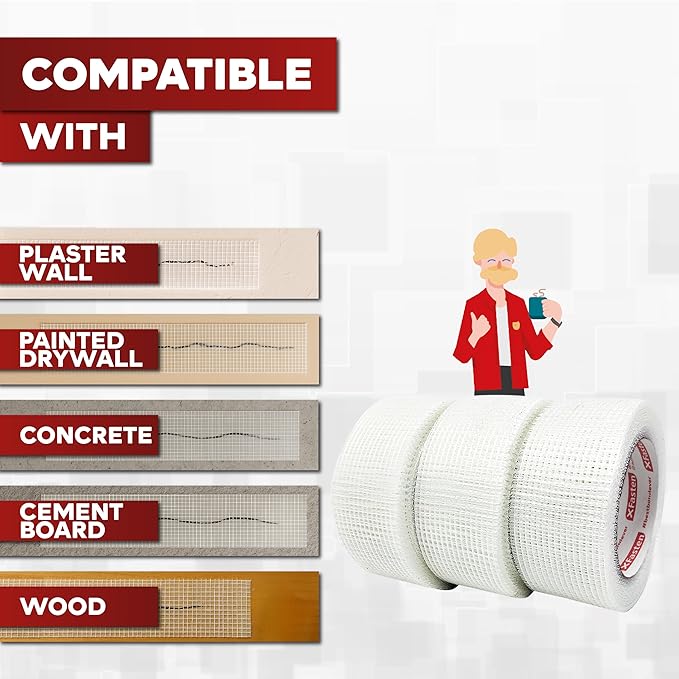 XFasten Drywall Tape Self Adhesive (3-Pack 270ft Total) Heavy-duty Fiberglass Drywall Mesh Tape for Dry Wall Repair, Joint Mesh Sealer, Patch Holes, and Sheetrock Seam Stress Cracks - 2-Inch x 90-Feet