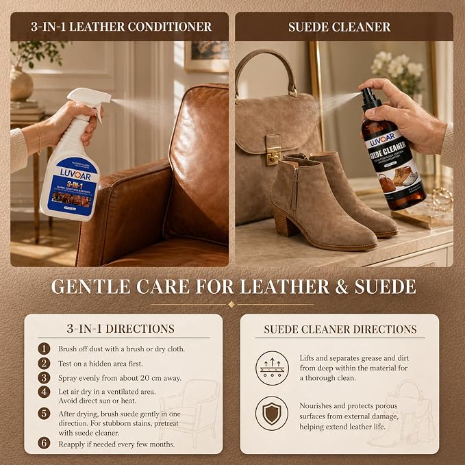 Leather Cleaner and Conditioner Kit - and More for Car Interiors, Apparel, Furniture, Boots & Accessories - with Microfiber Brush & Microfiber Cloth 2 Bottles (16 oz Each)