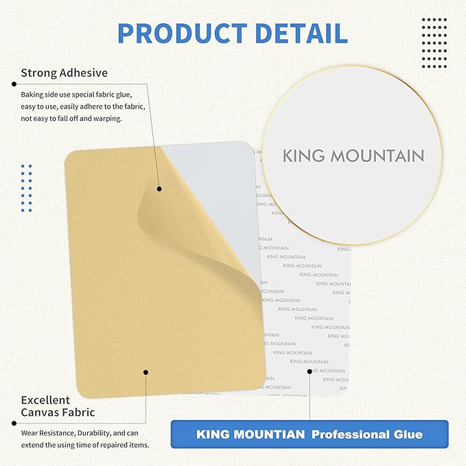 KING MOUNTAIN Canvas Repair Patch 5×8 Inch 8 Pcs Self-Adhesive Waterproof Fabric Patch for Sofas, Tents, Furniture,Tote Bags, Car Seats (Beige-1)