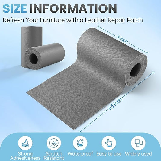 Leather Repair Patch Tape Kit, 4" x 63" Self Adhesive Leather Repair Patch for Furniture, Vinyl Leather Repair Kit for Car Seat, Chairs, Couch, Sofa, Boat Mid-Gray