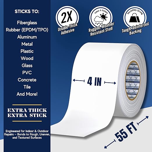 8 Pack Buck RV Roof Sealant Tape – 4 Inch x 55ft, 40 Mil – Waterproof RV Tape for Roof Repair, Seams, Skylights, Vents & Window Leaks on Camper, Trailer & Boat, UV Resistant & Weatherproof, White