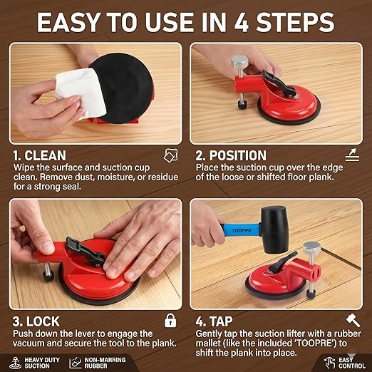 2-in-1 Floor Gap Fixer Tool & Tile Leveling System, Heavy Duty Single Suction Cup Plank Grabber with 6 Sticky Pads, Zero-Impact Laminate Vinyl Wood Flooring Repair Kit