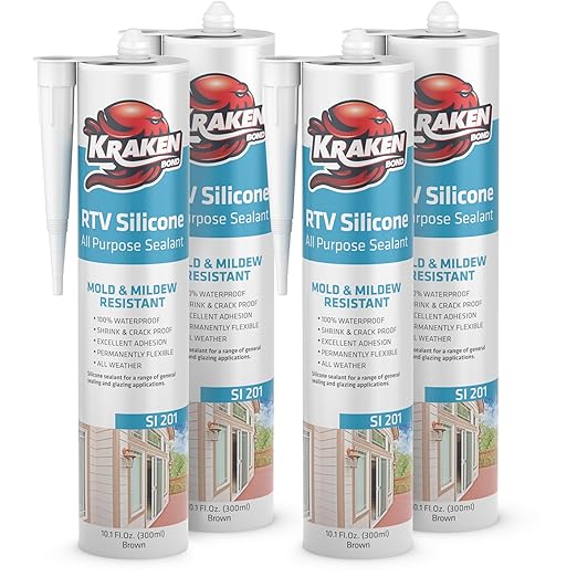 Kraken Bond Brown Silicone Sealant Waterproof% 100-10 fl oz Cartridge - RTV Silicone Caulk Kitchen and Bathroom, All Purpose, Window Caulking Sealant Outdoor, RV, Exterior Use Silicon - 4 Pack