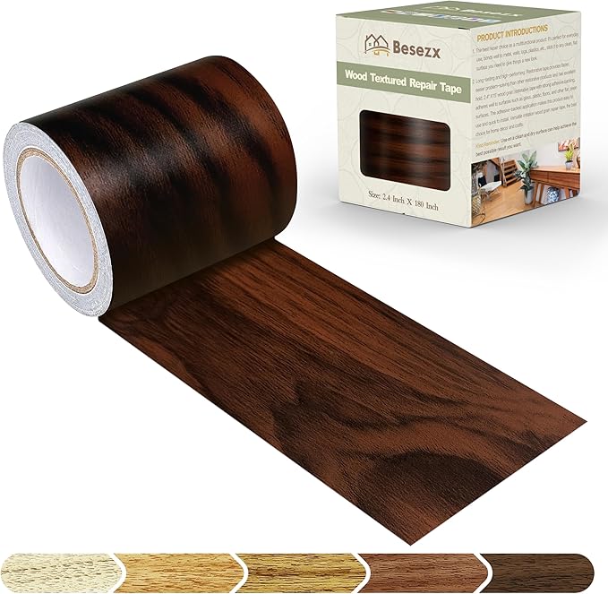 Besezx Wood Grain Repair Tape, 2.4" X15', Self Adhesive Wood Grain Repair Patch for Tables, Chairs, DIY,Baseboards, Doors, Windows, Floors and Furniture Renovation.（Brown）