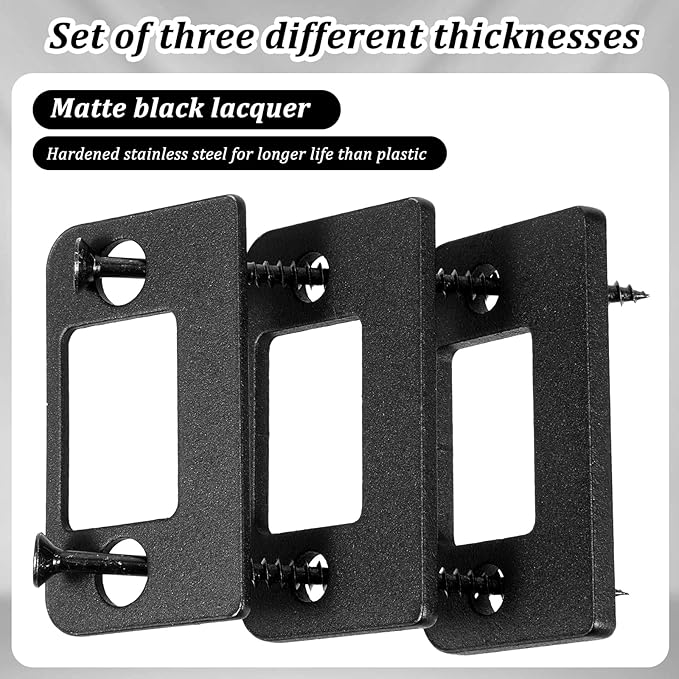 Door Strike Plate, 3 Thickness Sizes Standard Door Strike Spacer Shim Plates Stainless Steel Door-Gap Blocker Kit Doors Latch Plate with 3 Wood Dowel Strips and 4 Adapter Screw for Doors Frame Repair