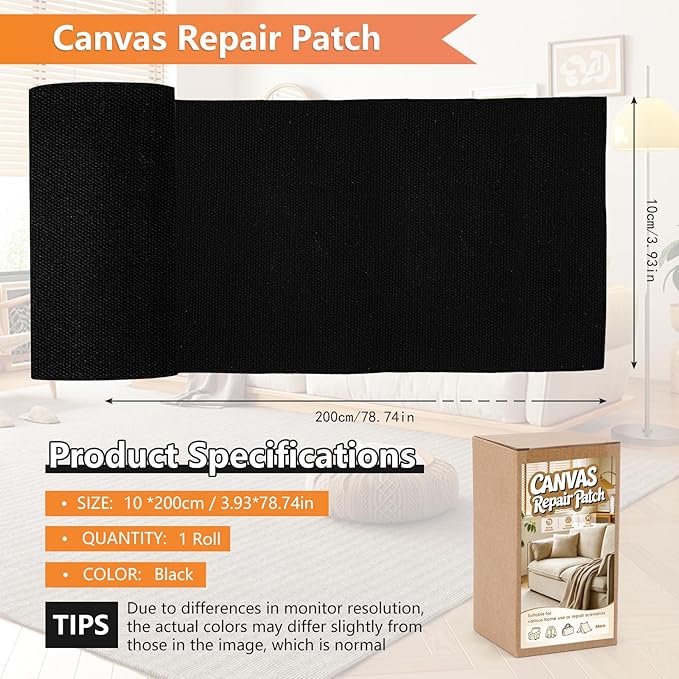 Canvas Repair Patch, 4x79 Inches Self-Adhesive Fabric Tape, Waterproof Canvas Fabric Patch Kit for Repairing Furniture, Cushion, Car Seat, Clothes, Tent, Backpack (Black)
