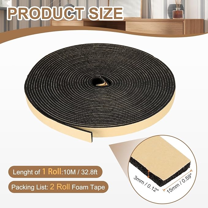 PATIKIL Foam Insulation Tape, 2Pcs 5/8" W x 1/8" t x 32.8FT Self Adhesive Weather Stripping Door Seal Strip for Door Window Air Conditioning, Black