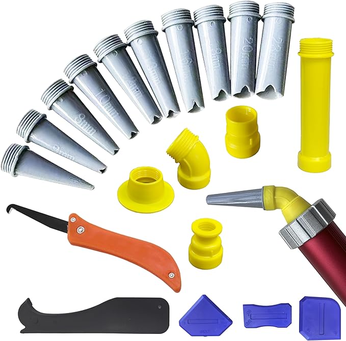 Sausage Caulking Tips 7-23mm Cone Trowel Nozzles Nozzle For Sausage And Bulk Guns ，V-neck，Glue nozzle + scraper + hook knife tool set,Non-stick, no-clean adhesive nozzle
