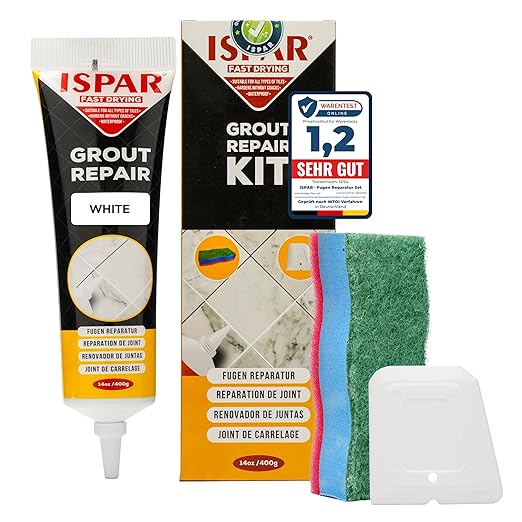 ISPAR Tile Grout Repair Kit – White Grout Filler 14 oz Value Size, Pre-Mixed Grout Repair Paste, Ready to Use Tile Joint Filler for Bathroom & Shower Tile, Spatula & Sponge