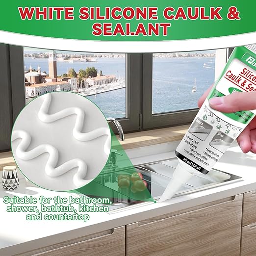 White Silicone Caulk Bathroom, White Caulking Silicone Waterproof, Bathroom Caulk for Kitchen & Bathroom, Shower, Countertops, Long-lasting, Shrink & Crack Proof
