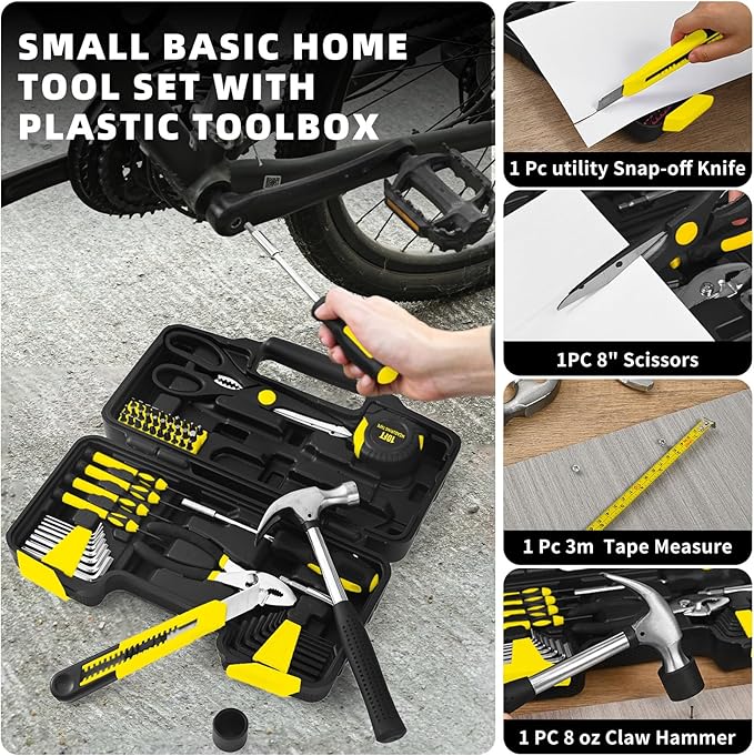 58-Piece Yellow Tool Kit | Basic Home Repair & General Household Hand Kit | Small Tool Set with Plastic Storage Toolbox for Home, Office, College & DIY Repairs