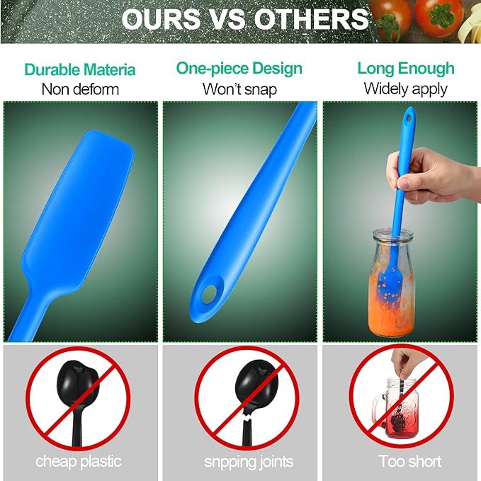 Patelai 2 Pieces Silicone Jar Spatula with Long Handle Heat Resistant Kitchen Scraper Spatula Non Stick Rubber Silicone Scraper for Jam Smoothies Blenders Cooking Baking Stirring (Blue)