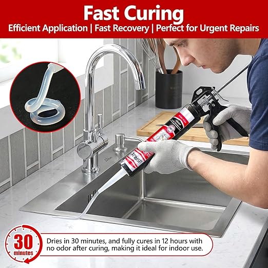 LISRUX Advanced Clear Silicone Caulk for Kitchen & Bathroom,10 fl oz Cartridge,1 Pack,100% Waterproof RTV Silicone Sealant,Stronger Adhesion,Shrink & Crack Proof