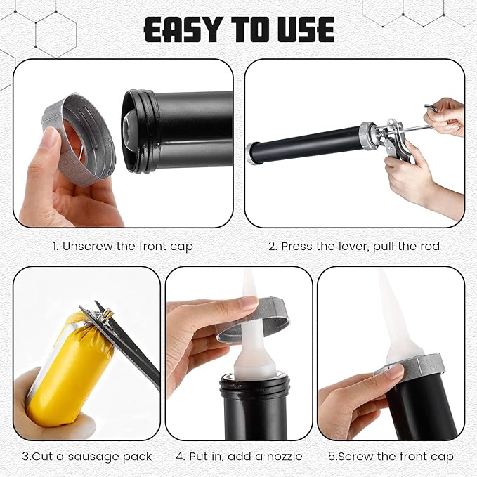 Lasnten 2 Pack Sausage Caulk Gun 20 oz Aluminum Cordless Sausage Caulking Gun with 4 Cone Nozzles, 18: 1 Thrust, Aluminum Sealant Hand Caulk Kit for Contractors (Black)