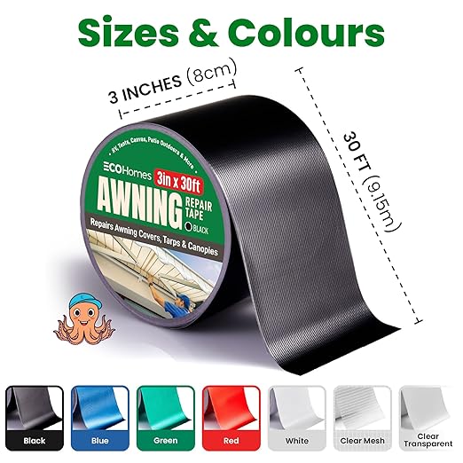 Awning Covers & Tarp Repair Tape - Waterproof Self Adhesive Patch Repair Kit | Patch Tapes for Awnings, Outdoor Canopies, Patio Window Awnings, Gazebos, Tents, RV, Canvas, Boat Covers (Black, 3 Inch)