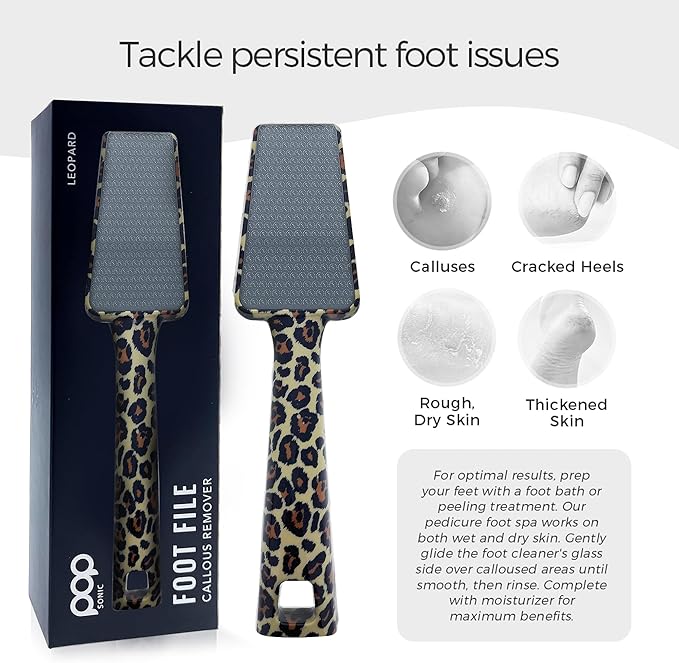 Pop Sonic Nano Glass Foot File | Professional Callus Remover for Feet & Heel | Gentle Exfoliating Foot Rasp & Dead Skin Remover for Dry Cracked Heels | Wet/Dry Pedicure Tool for Home & Salon (Leopard)