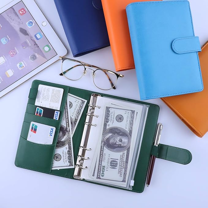 Antner A6 Notebook Binder 6 Ring Refillable Budget Planner Cover for A6 Refill Paper, PU Leather Loose Leaf Personal Planner Wallet Money Organizer Binder with Magnetic Buckle Closure, Dark Green