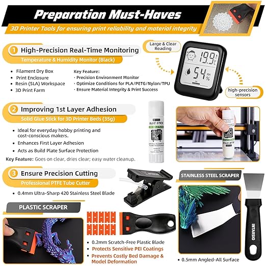 59pcs 3D Printer Tools Kit with Hard Case, 3D Printer Accessories incl Deburring Tool, Digital Caliper, Hygrometer, Nozzle Clog Poke, Pilers, Flush Cutter, for Bambu Lab, Ender 3, FDM/SLA Printers etc