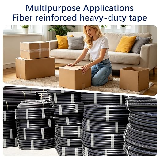 Heavy Duty Filament Strapping Tape 2 Rolls 2 x 35 Yds, Waterproof Weatherproof Strong Adhesive Tape for Shipping, Pallet Securing and Industrial Bundling