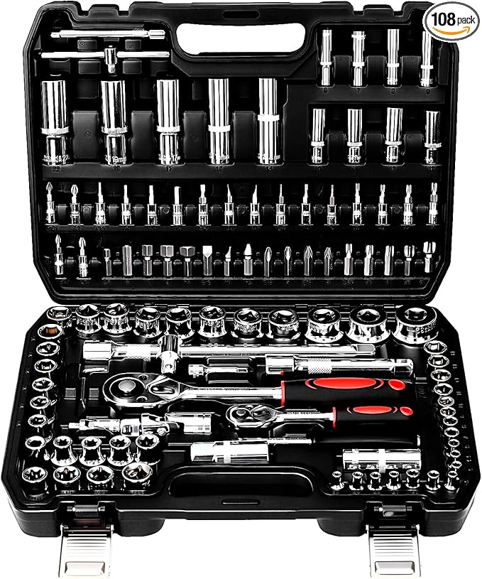 TLGREEN 108 Pcs Mechanic Socket Tool Kit,CR-V Steel Metric And 1/4" & 1/2" Ratchet set,Universal Joint,Extension Bars,Adapter,Quick Release Ratchet Wrench,Tool Box Set for Car Garage Dorm