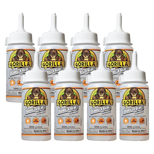 Gorilla Clear Glue, 3.75 Ounce Bottle (Pack of 8) - Crystal Clear, All Purpose, and Water Resistant