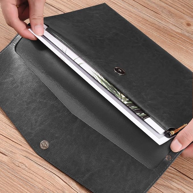 PU Leather A4 File Folder Document Holder Envelope Folder Case with Snap Closure for Receipt Contract Black