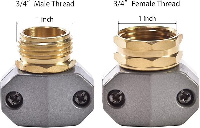 Garden Hose Repair Connector Fitting, Brass Mender Female and Male Hose End Connector with Zinc Clamp, Fit 5/8-Inch and 3/4-Inch Garden Hose, 2 Sets