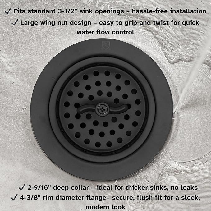 Westbrass A213-62 3-1/2" Wing Nut Twist Style Large Kitchen Sink Basket Strainer, Matte Black