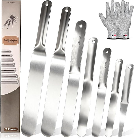 Caulking Spatula Set, 958-G01–7-Piece 304 Stainless Steel Caulking with Spatulas (Widths from 3/8" to 1-1/2") with Cut-Resistant Gloves, Professional-Grade Caulk Finishing Tool for Sealing Smoothing
