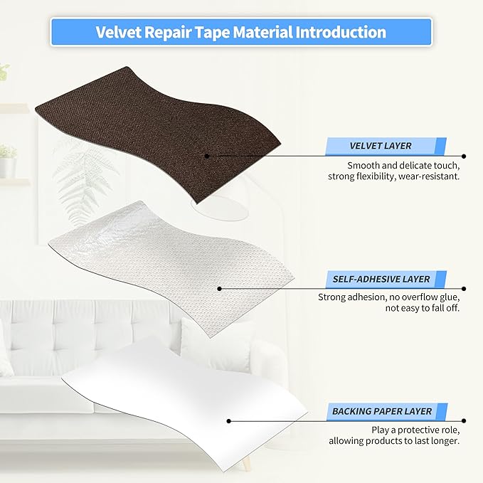KING MOUNTAIN Couch Fabric Repair Patch, Fabric Patches for Furniture, 4" x 63" Waterproof Velvet Repair Tape for Sofas, Car Seats, Furniture, Upholstery Fabrics and Velvet Goods. （Coffee）