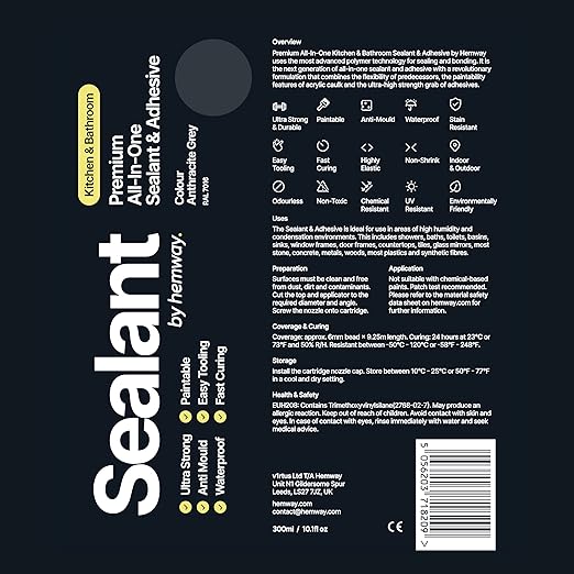 Anthracite Gray Kitchen & Bathroom Sealant & Adhesive Hybrid Polymer | Superior to Silicone Caulk Sealant | Waterproof, Paintable, Dark Gray | Ideal for Around Bathtub, Shower, Kitchen - 300ml 1 Pack