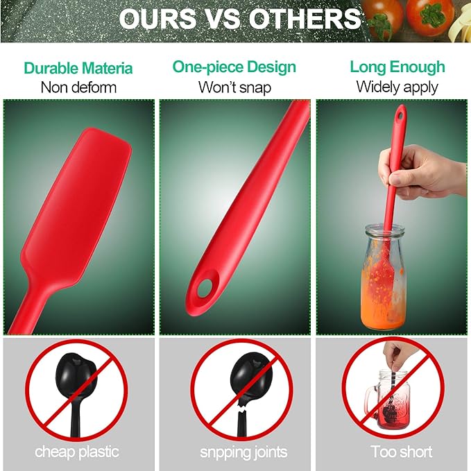Patelai 2 Pieces Long Handle Small Rubber Spatula Mini Silicone Jar Spatula Non-stick Rubber Scraper 11 Inch Silicone Scraper for Jars, Smoothies, Blenders Cooking Baking Stirring Mixing Tools(Red)