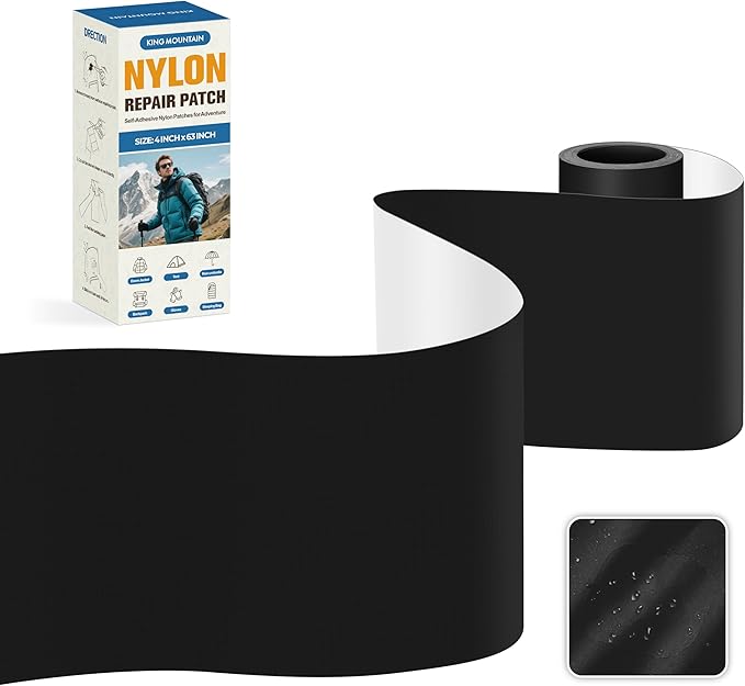 KING MOUNTAIN Self Adhesive Nylon Fabric Repair Tape, 4×63 Inches, Quick Down Jacket Repair Patch, Waterproof Outdoor Gear Patch Kit for Tent,Backpacks,Umbrella, Gloves, Sleeping Bag (Black）