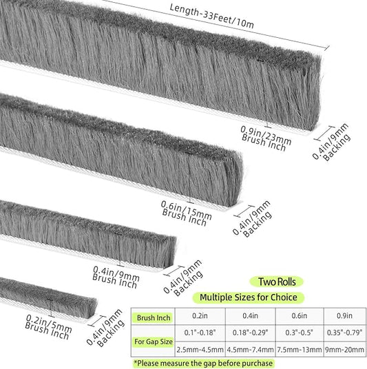 ZOMPAGO Strong Adhesive Brush Weather Stripping 2 Rolls 0.9in (T）x 0.4in (W) x 33FT, Door Seal for Sliding Windows & Doors,Soundproof Noise Blocker,Draft Stopper for Garage Door Frame & Exterior Doors